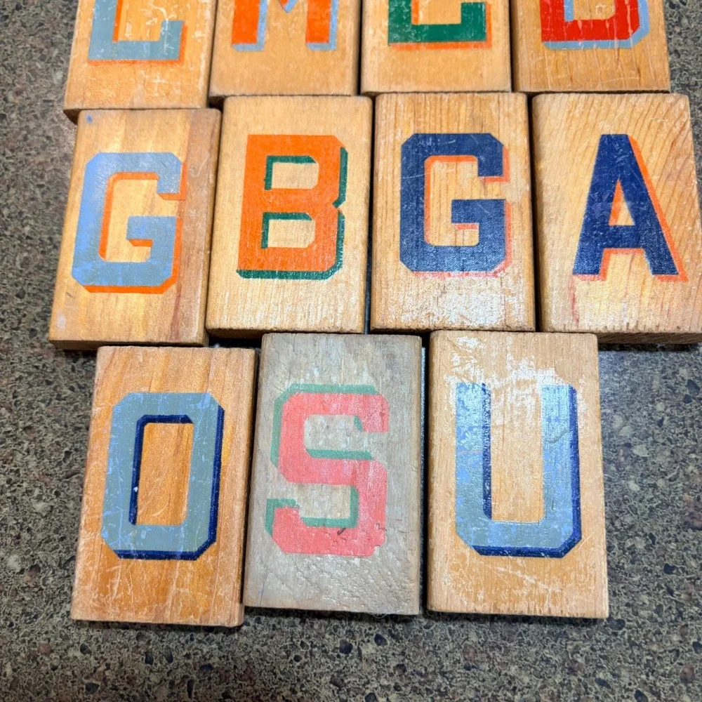 Vintage Style Wooden Alphabet Blocks Letterpress Wood Type Blocks Set of 19